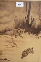 Etching, rabbit and a fox in snowy landscape, signed indistinctly, 39 x 27cm, framed