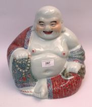 Chinese porcelain figure of seated Buddha, signed with seal mark to base, 26cm high Has been checked