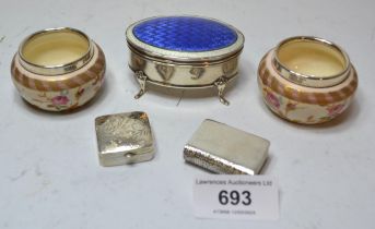 Chester silver oval trinket box with blue enamel cover, together with a pair of silver mounted