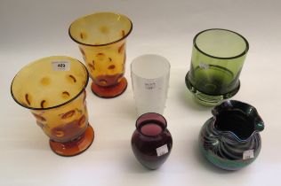 Pair of English glass dimple vases and four other various 20th Century art glasses