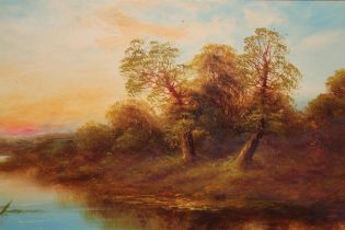 Pair of early 20th Century oil on card, river landscapes, 25 x 45cm, gilt framed, together with a