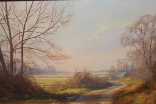 Christopher Osborne, modern oil on canvas, landscape ' Near Cowbeech, Sussex ', signed, bearing