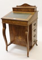 Edwardian rosewood floral marquetry and line inlaid Davenport with stationery compartment above a