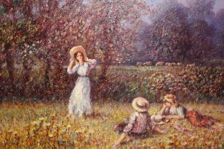 Lazlo Ritter, oil on canvas, ' The New Bonnet ', three figures in a summer landscape, 50 x 60cm,