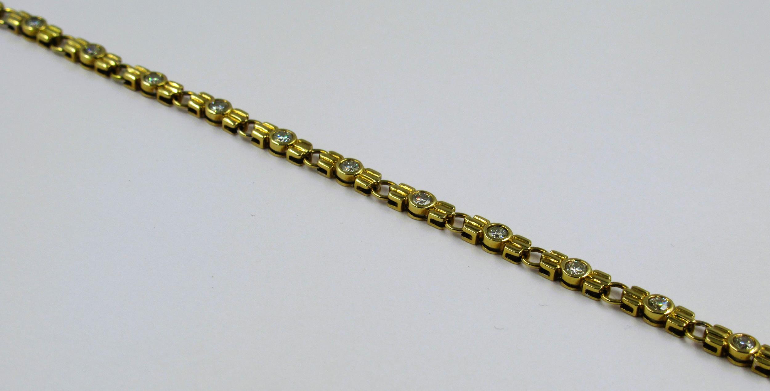 18ct Yellow gold bracelet set fifteen brilliant cut diamonds, total weight 1.5ct, 20cm in length,