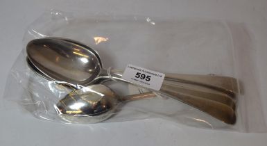 Group of four antique silver Old English pattern tablespoons (marks obscured), together with a