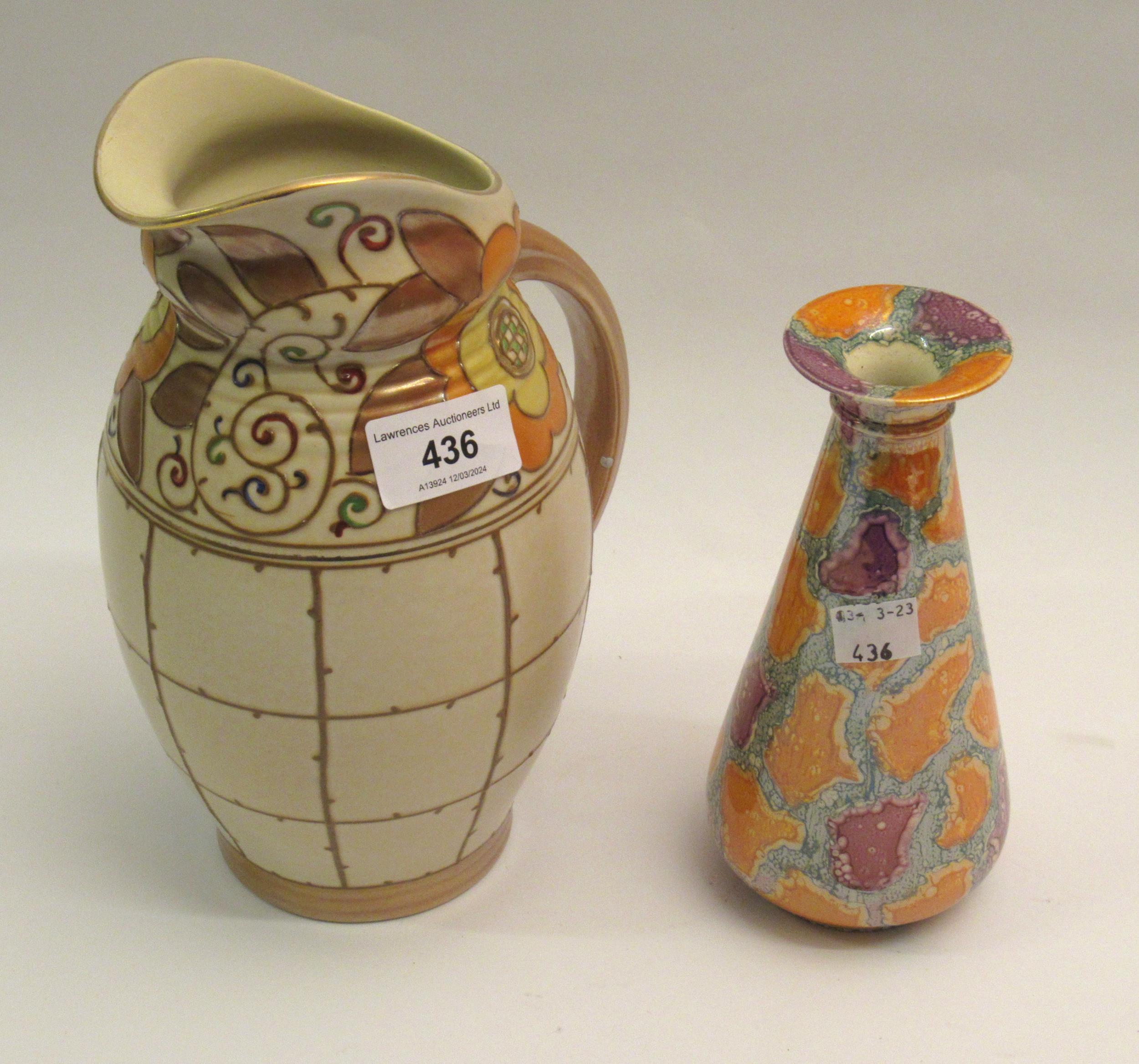 Bursley Ware pottery jug with decoration by Charlotte Rhead, 22cm high together with a small