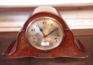 Mahogany and burr walnut three train mantel clock, circa 1930, the silvered dial with Arabic