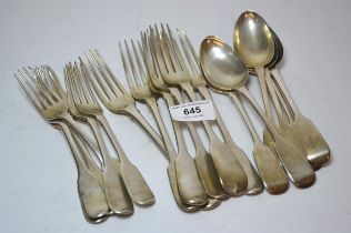 19th Century Harlequin canteen of silver fiddle pattern cutlery, comprising of six dinner forks, six