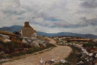 Irish School, oil on canvas, rural landscape with dwelling and geese to foreground, inscribed