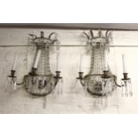 Pair late 19th / early 20th Century gilt metal and crystal three branch wall lights with lustre