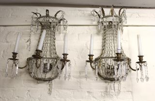 Pair late 19th / early 20th Century gilt metal and crystal three branch wall lights with lustre