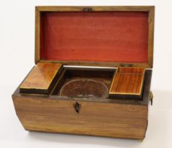 Regency rosewood sarcophagus shaped tea caddy, the hinged lid enclosing a three division interior