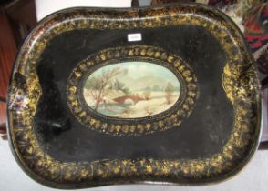 19th Century toleware tray with central panel painted, with a winter landscape and gilded borders
