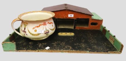 Children's painted wooden toy garage (at fault), together with a chamber pot