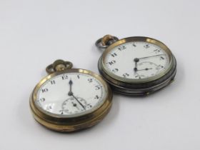 Gold plated crown wind pocket watch, together with a gun metal crown wind pocket watch