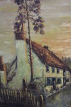 20th Century oil on hardboard, cottage in a sunset, signed Harrison, dated '58, 45 x 36cm, gilt