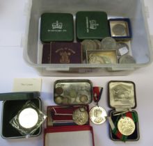 Three silver proof coins, two Festival of Britain medals, two Victorian crowns and a small