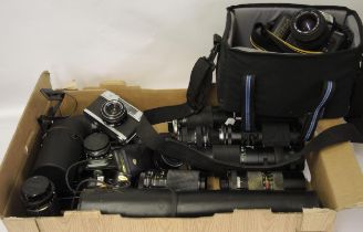 Box containing a quantity of camera lenses including Mamiya etc.