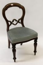 Set of six Victorian mahogany dining chairs, the shaped moulded backs with pierced centre rails,