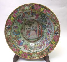 Large 19th Century Canton punch bowl internally decorated with various figures, 43cm diameter (