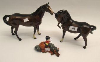 Two Beswick figures of horses and a Norman Thelwell figure on horseback