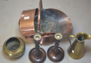 Copper helmet shaped coal scuttle, brass jug, middle Eastern brass jardiniere and a pair of oak
