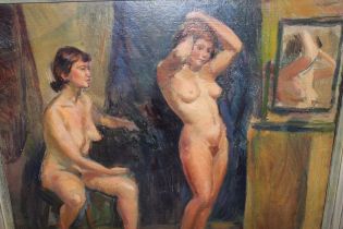 Reginald D.H. Reeve, oil on board, study of two nude females, signed Reeve, in a painted frame, 39 x