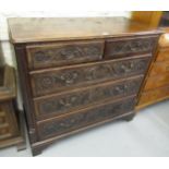 18th Century oak chest, the moulded top above two short and three long graduated drawers with