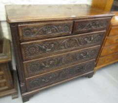 18th Century oak chest, the moulded top above two short and three long graduated drawers with