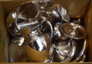 Large silver plated jug, two circular plated salvers and a quantity of other silver plated items