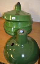 Seven various green and grey enamel industrial lampshades see additional photographs - there are