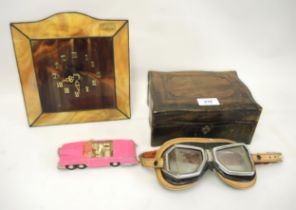 Pair of vintage motorcycle goggles, leather jewellery box, Corgi Fab 1 car (at fault), and a