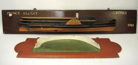 20th Century half hull model of a steamer on mahogany backing board, inscribed ' Prince Alexey Ponoi