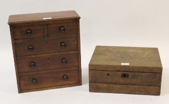 19th Century mahogany table top chest of two short and three long drawers, together with a
