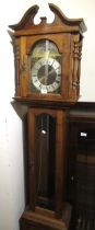 Reproduction mahogany grandmother clock with brass and silvered dial, pendulum and weights, 186cm