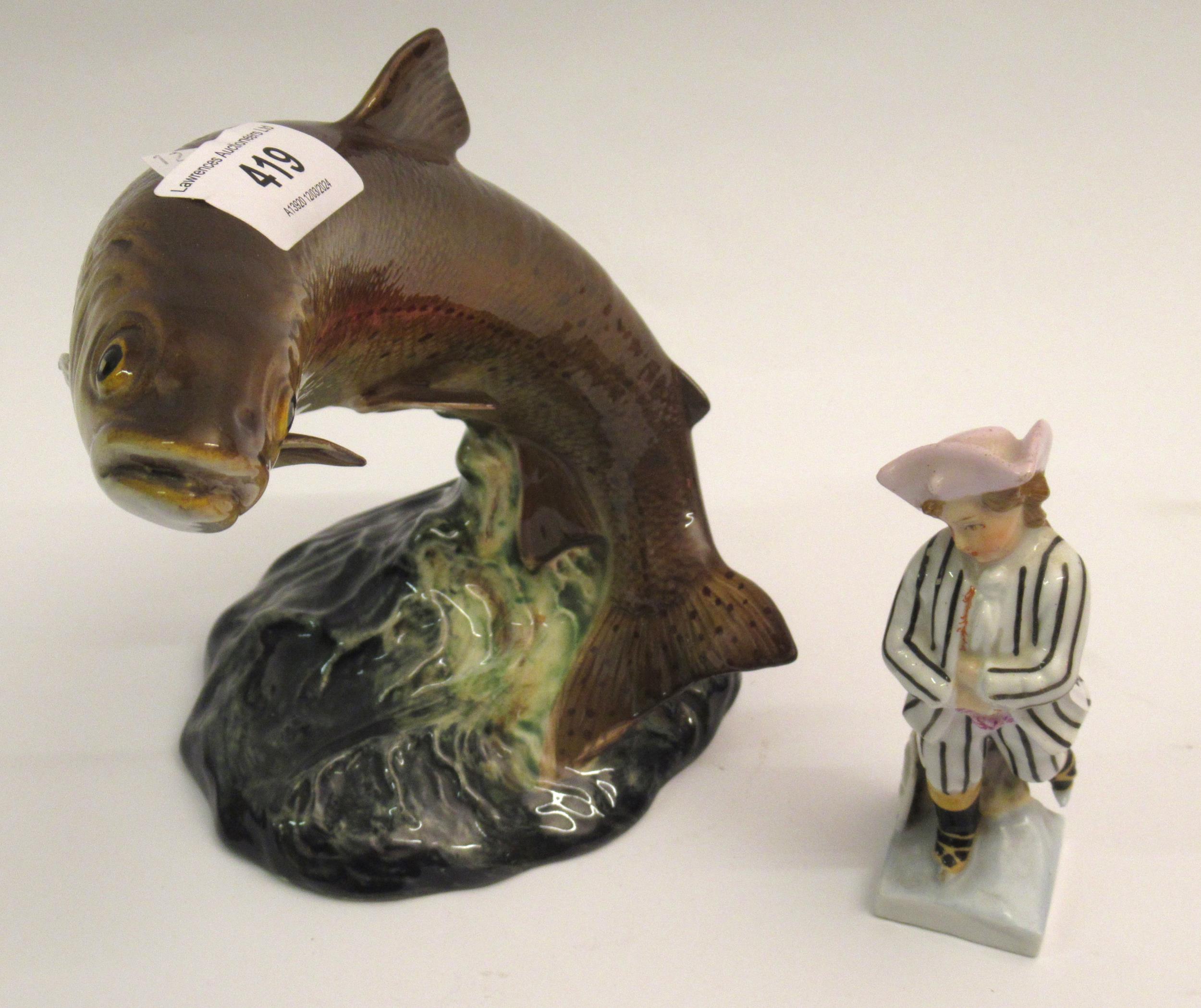 Beswick figure of a leaping trout, No. 1032 together with a small Continental porcelain figure of