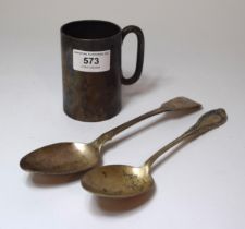 Small Sheffield silver mug, silver Fiddle pattern spoon and a Continental spoon, 8oz t, together