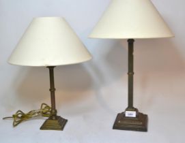 Two brass table lamps on square platform bases, 39cm high