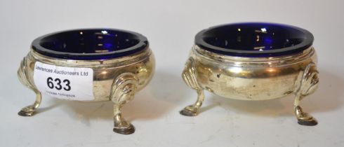 Pair of London silver open salts with blue glass liners, 8oz t