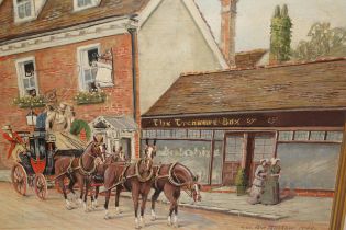 George Burtenshaw, oil on board, view of Reigate, High Street with horsedrawn carriage to the
