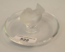 Small Lalique clear and frosted glass trinket dish with bird surmount