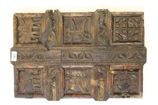 Antique Indian carved wooden door panel, 53 x 36cm