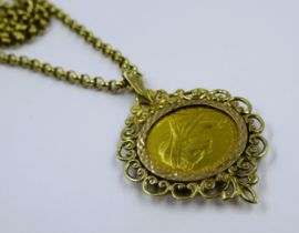 9ct Yellow gold belcher chain, 24in with an 1899 gold sovereign in 9ct mount, 26.5g total weight