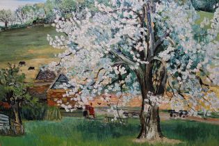 Oil on board, tree in blossom in a rural landscape, signed Livesay, dated '56, 60 x 65cm, gilt