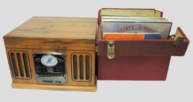 Modern Neostar music centre in 1940's style, with integral record player, including a case of