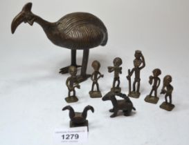 Bronze figure of a stylised bird, together with a quantity of other bronze miniature figures and two