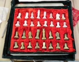 Onyx chess set with board together with a wooden cased table top sewing machine and a carved