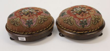 Pair of Victorian circular walnut footstools with beadwork top