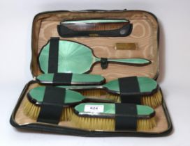 London silver and green translucent enamel decorated six piece dressing table set, in fitted case by